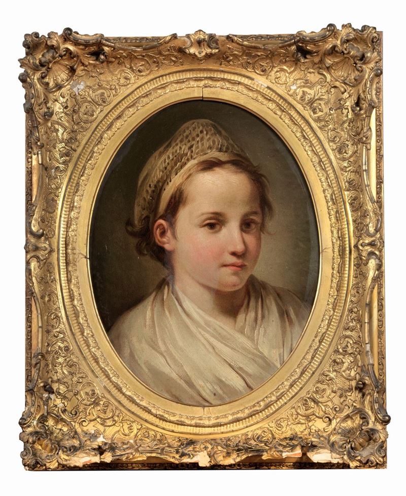 "Ritratto di giovane fanciulla", dipinto ovale ad olio su tela di fine qualità pittorica