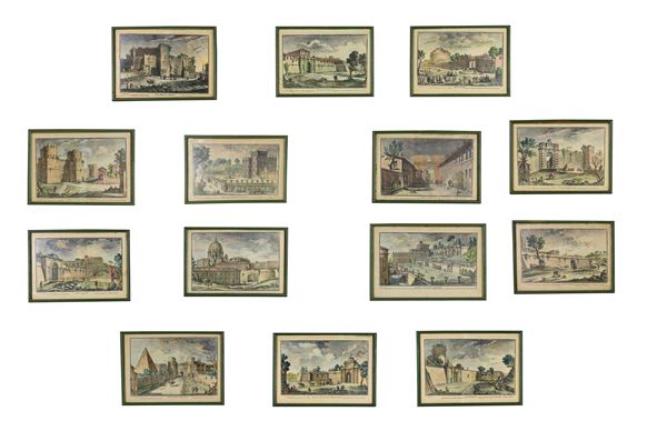 Lot of fourteen colored prints 'Views of Rome with monuments'