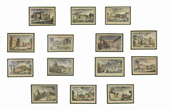 Lotto di quattordici stampe colorate 'Vedute di Roma con monumenti'