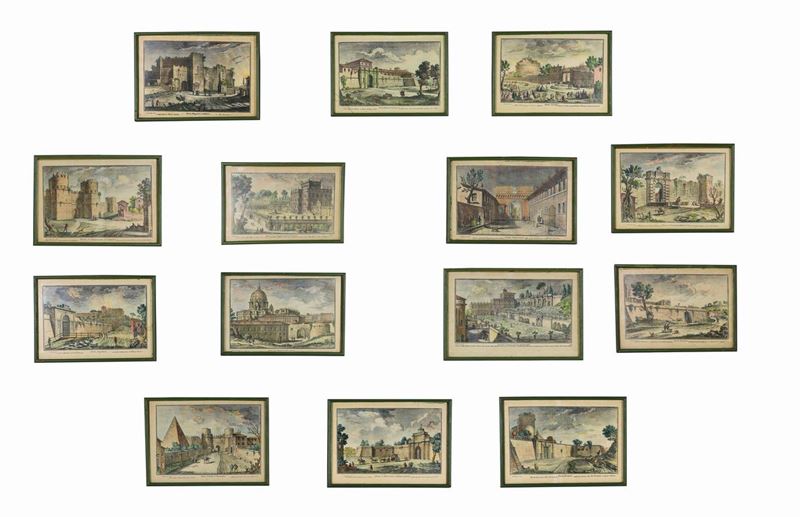 Lotto di quattordici stampe colorate 'Vedute di Roma con monumenti'