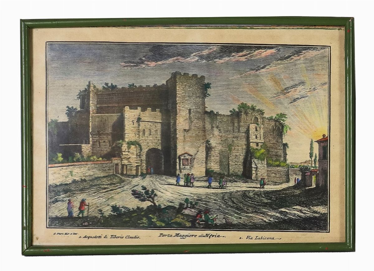 Lotto di quattordici stampe colorate 'Vedute di Roma con monumenti'