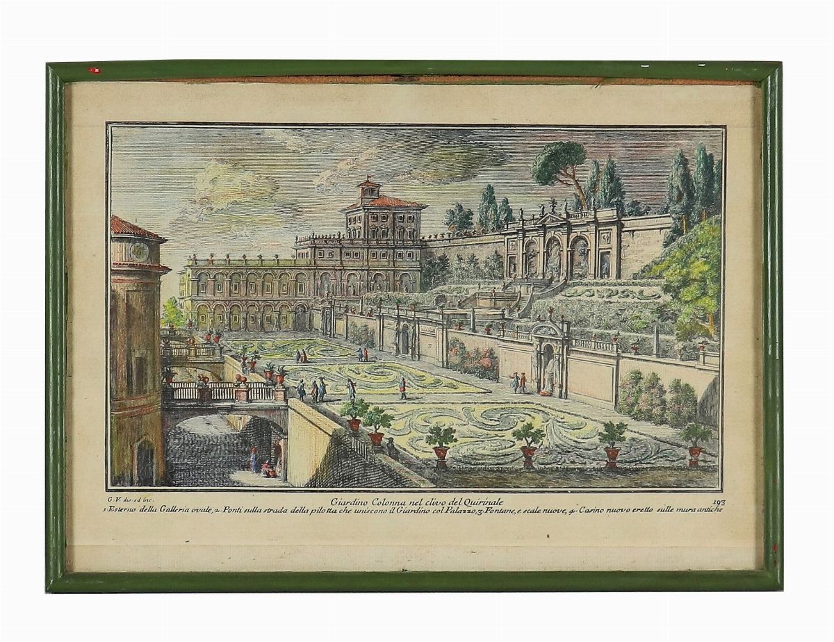 Lotto di quattordici stampe colorate 'Vedute di Roma con monumenti'
