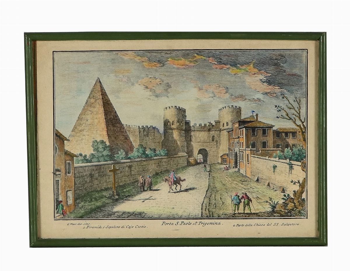 Lotto di quattordici stampe colorate 'Vedute di Roma con monumenti'