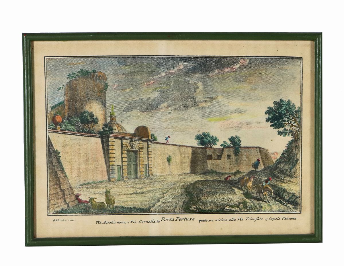 Lotto di quattordici stampe colorate 'Vedute di Roma con monumenti'