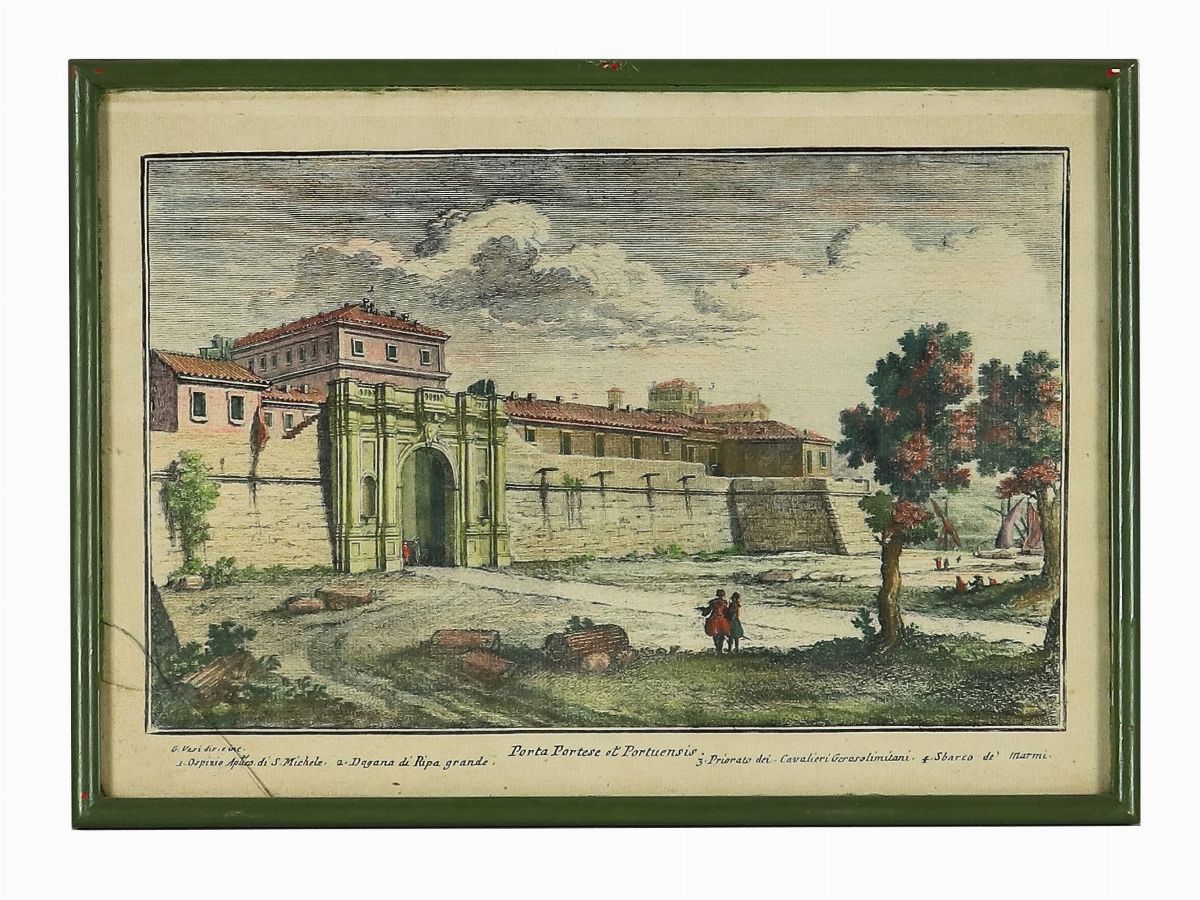Lotto di quattordici stampe colorate 'Vedute di Roma con monumenti'