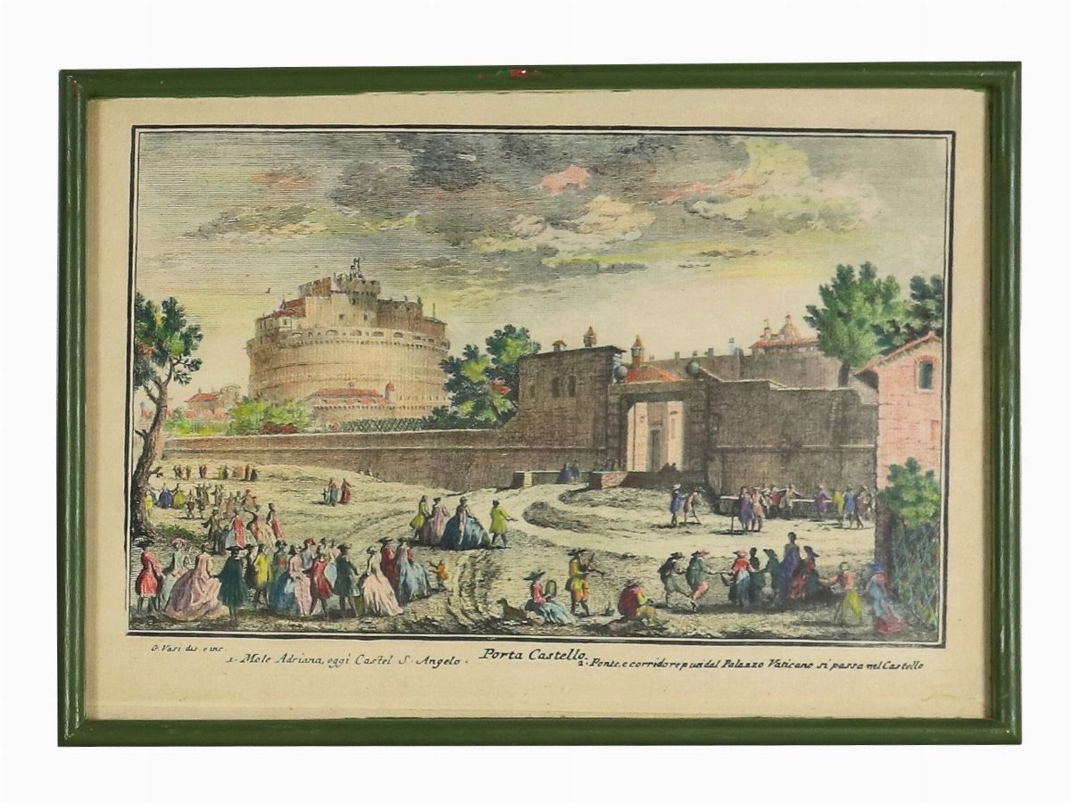 Lotto di quattordici stampe colorate 'Vedute di Roma con monumenti'
