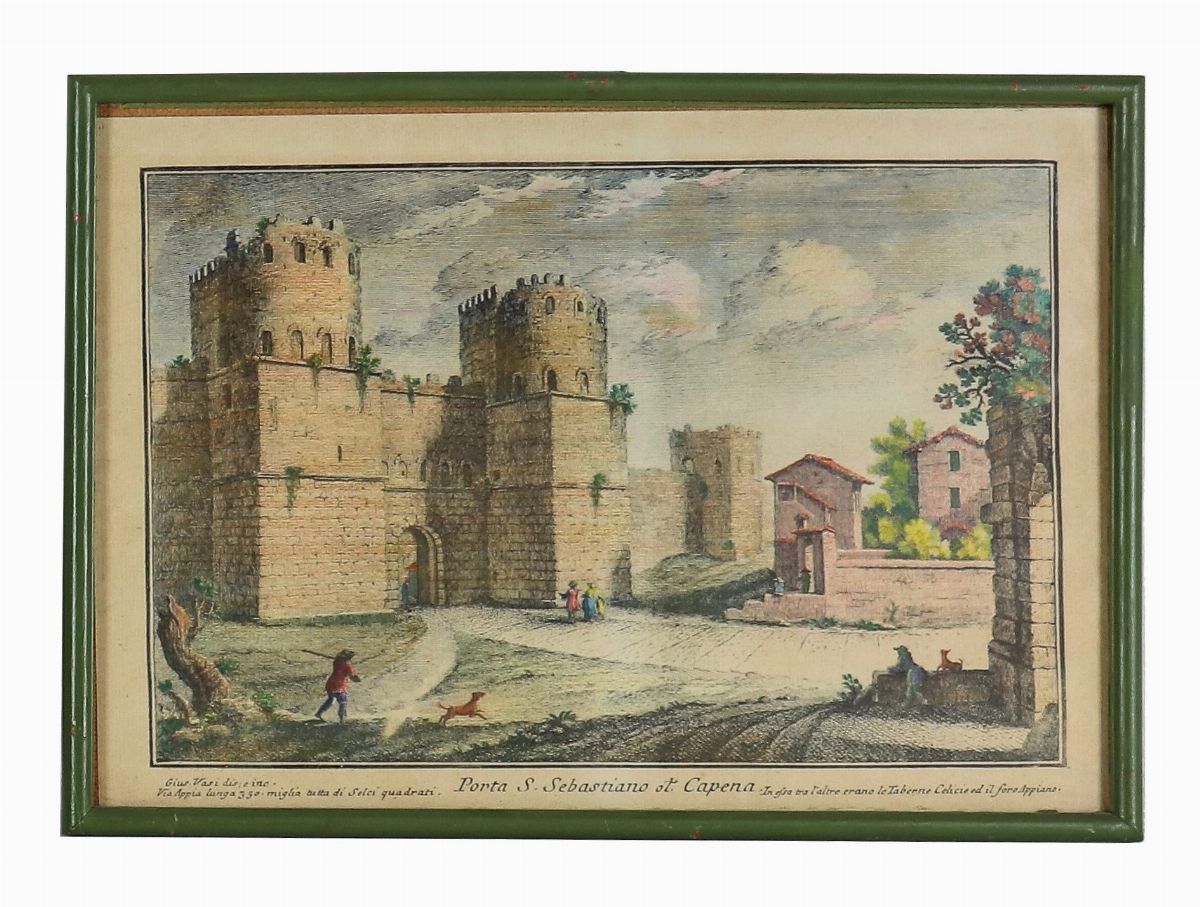 Lotto di quattordici stampe colorate 'Vedute di Roma con monumenti'