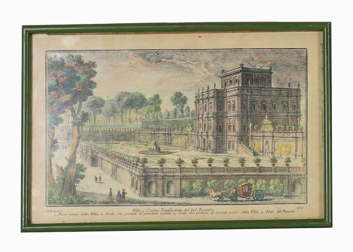 Lotto di quattordici stampe colorate 'Vedute di Roma con monumenti'