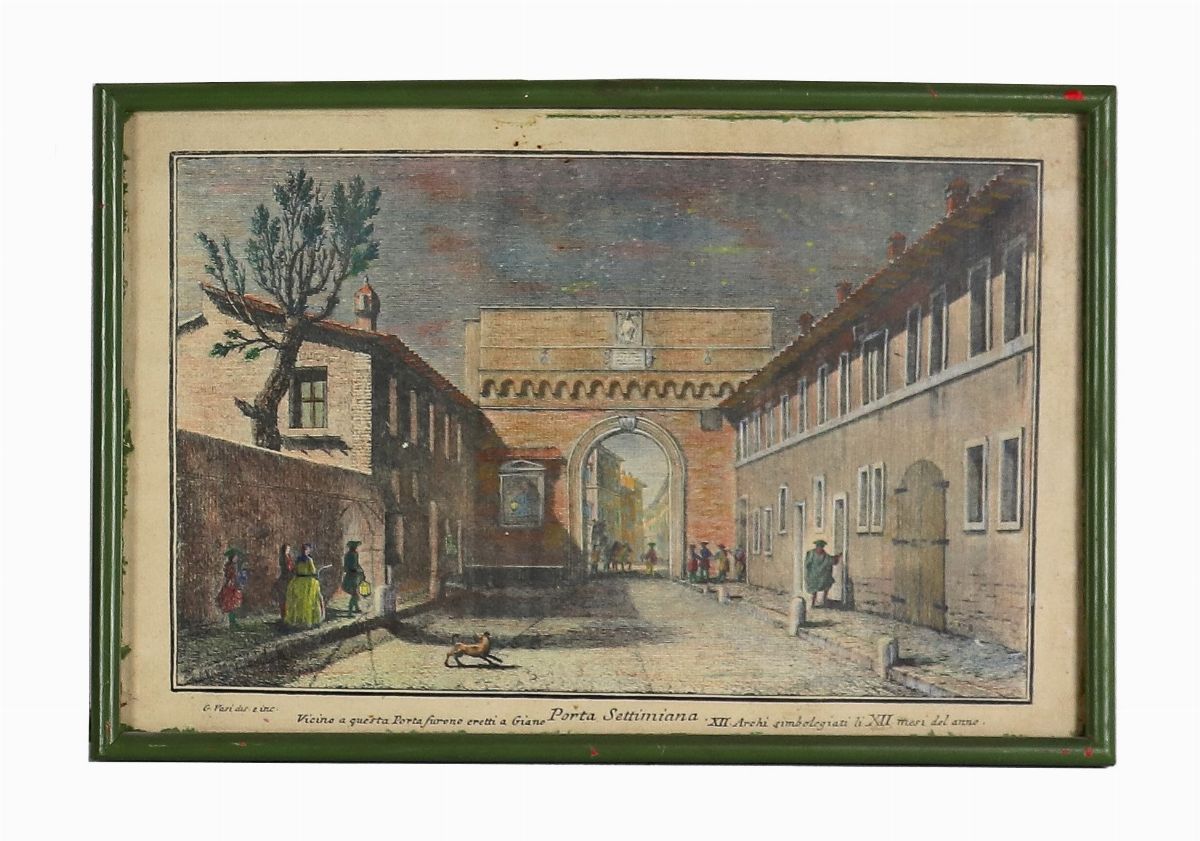 Lotto di quattordici stampe colorate 'Vedute di Roma con monumenti'