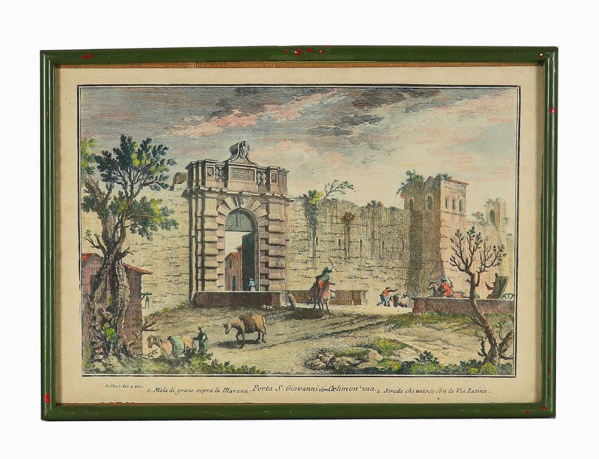 Lotto di quattordici stampe colorate 'Vedute di Roma con monumenti'