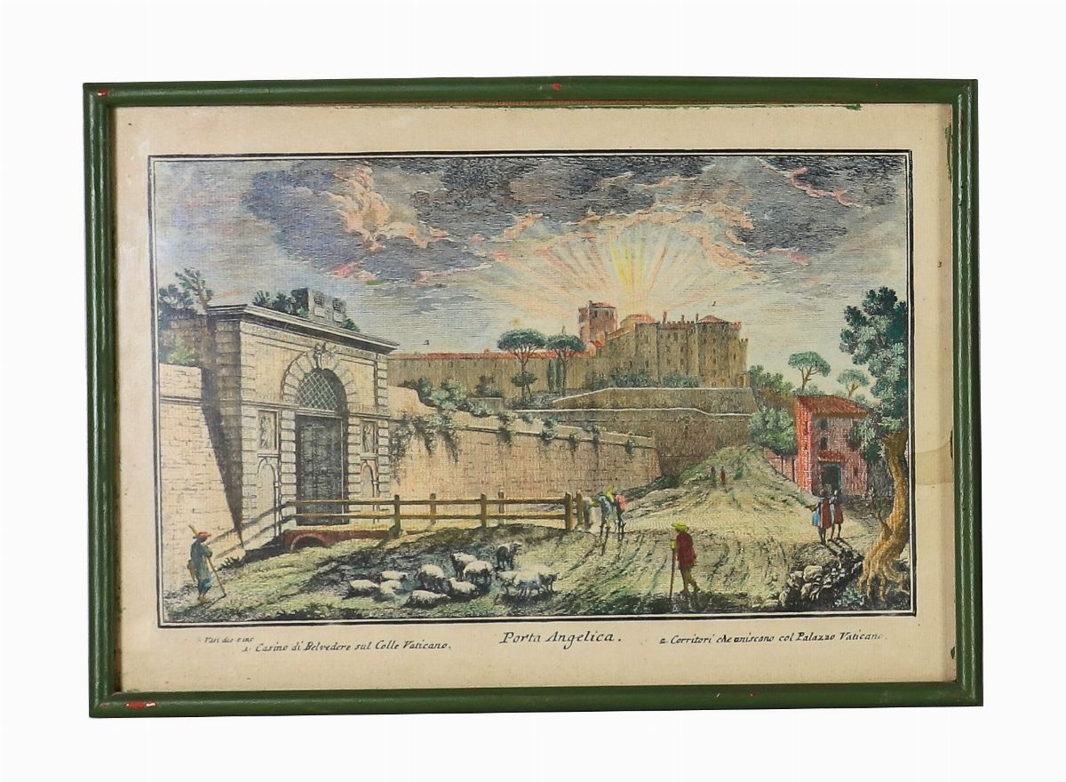 Lotto di quattordici stampe colorate 'Vedute di Roma con monumenti'