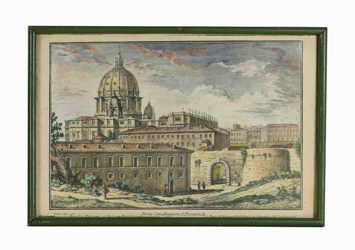 Lotto di quattordici stampe colorate 'Vedute di Roma con monumenti'