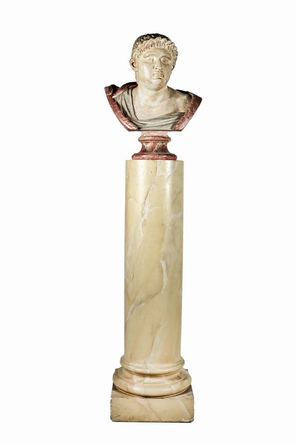 "Marco Salvio Otone", ceramic bust and column decorated with imitation marble