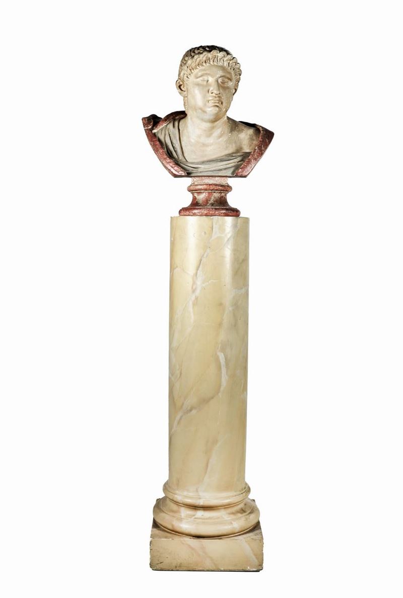 "Marco Salvio Otone", busto e colonna in ceramica decorata a finti marmi