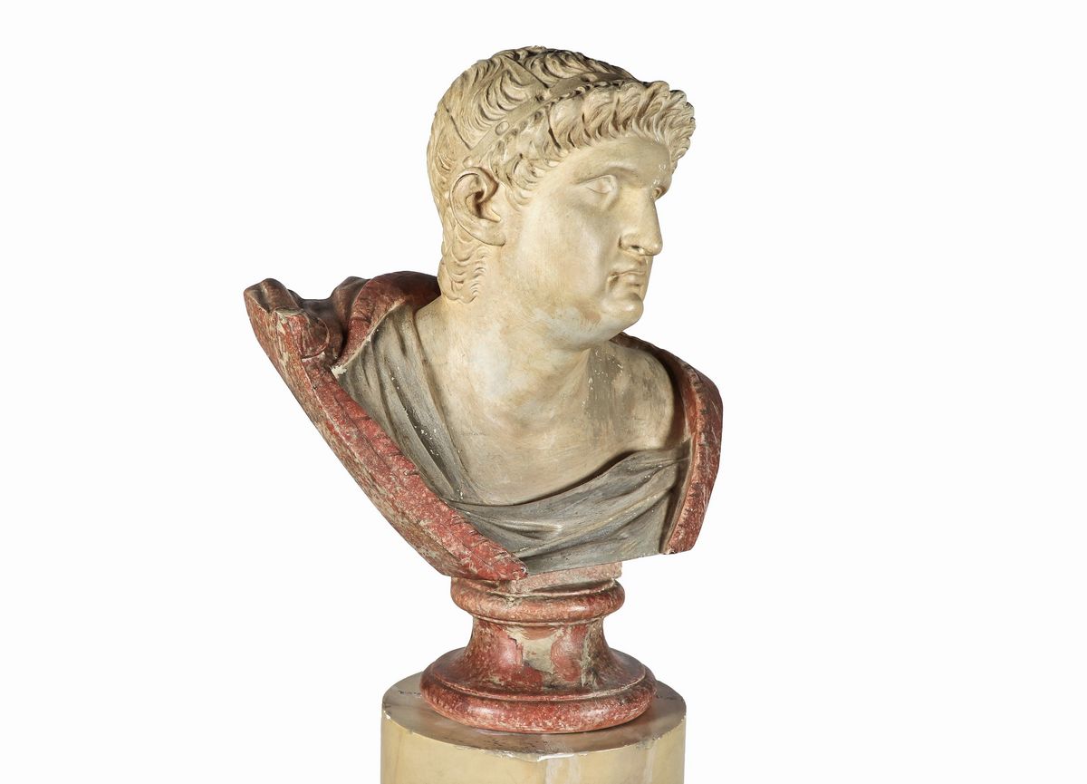 "Marco Salvio Otone", busto e colonna in ceramica decorata a finti marmi