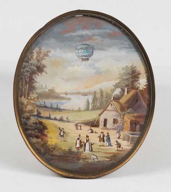 Antique French oval tempera on paper 'Peasant landscape with hot air balloon'. Signed