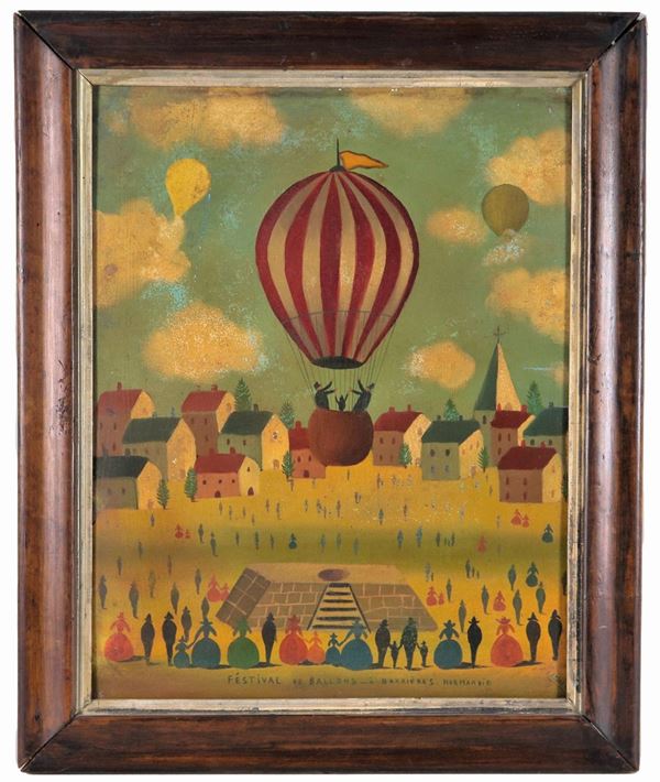 Scuola Francese Fine XIX Secolo - Signed. 'Festival of hot air balloons with characters', oil painting on wood