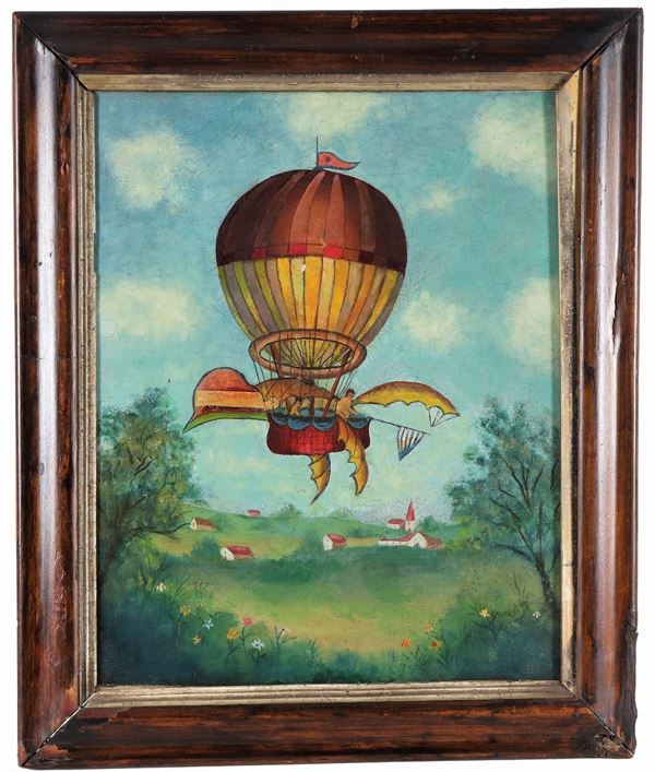 Pittore Francese Fine XIX Secolo - "Paesaggio di campagna con l'ascensione della mongolfiera", dipinto ad olio su tela 