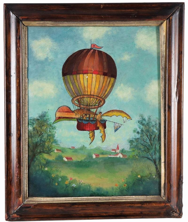 "Paesaggio di campagna con l'ascensione della mongolfiera", dipinto ad olio su tela