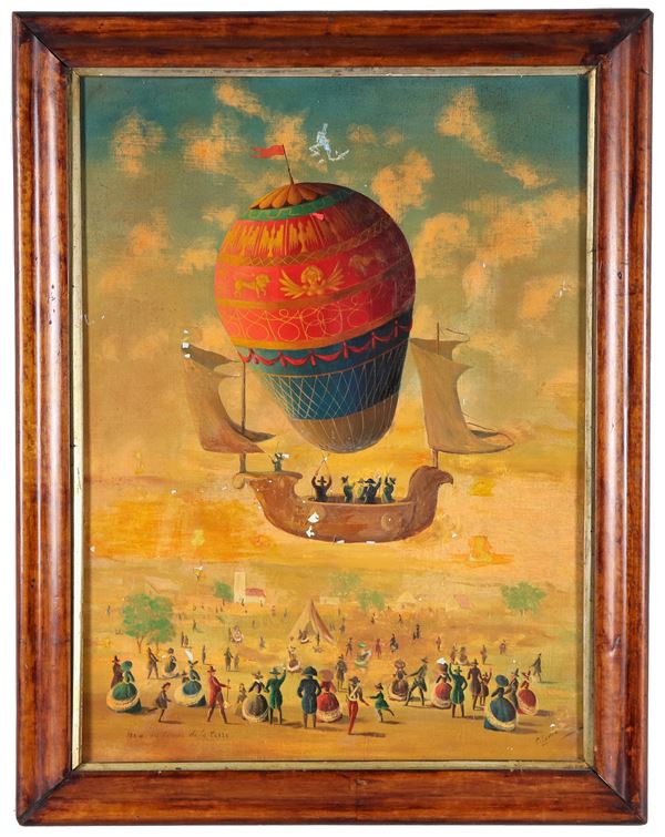 Pittore Francese Fine XIX Secolo - Signed. 'Ascension of the balloon with celebrating characters', oil painting on wood