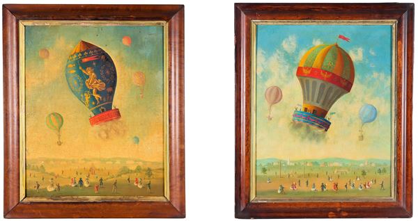 Scuola Francese XIX Secolo - 'Ascensions of the hot air balloons with characters', lot of two oil paintings on canvas