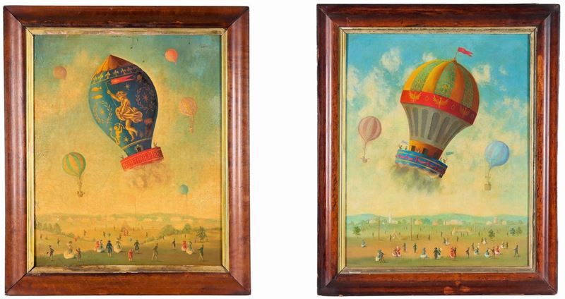 'Ascensioni delle mongolfiere con personaggi', lotto di due dipinti ad olio su tela