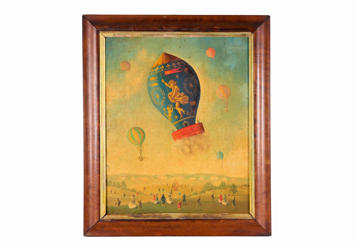 'Ascensioni delle mongolfiere con personaggi', lotto di due dipinti ad olio su tela