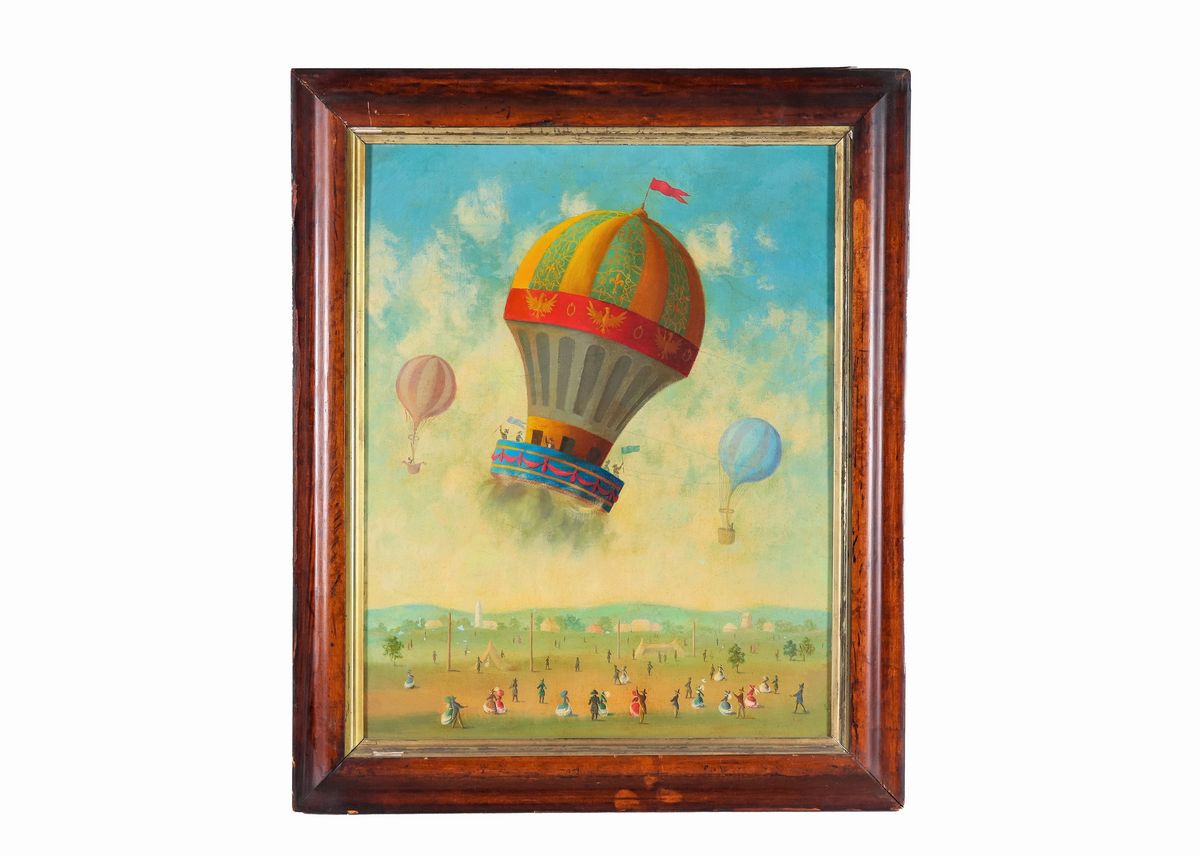 'Ascensioni delle mongolfiere con personaggi', lotto di due dipinti ad olio su tela