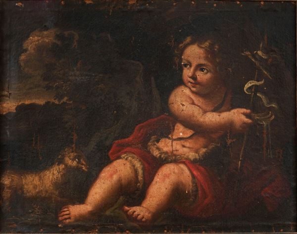Scuola Romana Fine XVII Secolo - "San Giovannino con l'agnello", a small oil painting on canvas applied to cardboard