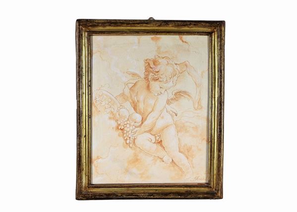 Pittore Francese - Signed. "Angel with fruit", drawing on canvas