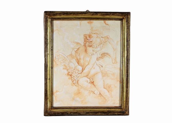 Pittore Francese - Firmato. "Angioletto con frutta", disegno su tela