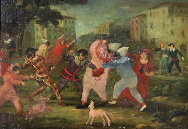Pittore Veneto Fine XVIII Secolo - "La Festa del Carnevale", dipinto ad olio su tela