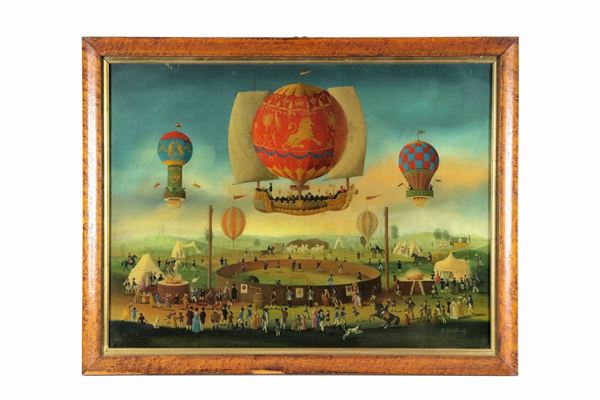 'Il Festival delle Mongolfiere', antica stampa inglese a colori sottovetro