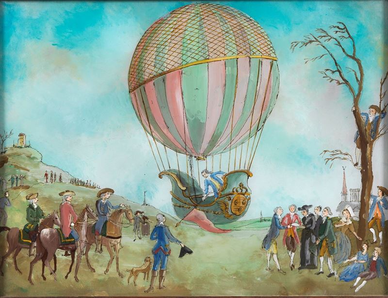 'L'ascensione in mongolfiera del principe', piccolo dipinto sottovetro