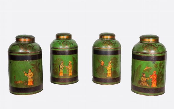 Lot of four English tea tins in green lacquered metal with painted oriental characters