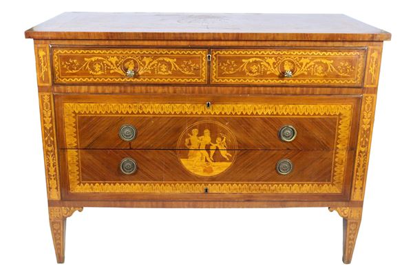 Lombardo chest of drawers of the Louis XVI line in walnut, purple ebony and bois de rose, with neoclassical inlays in the style of Maggiolini with motifs of medallions with mythological subjects. Three drawers and four inverted truncated pyramid legs