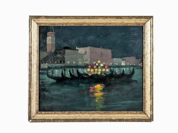 Gino Albieri - Signed. "Night view of Venice with gondolas", oil painting on plywood