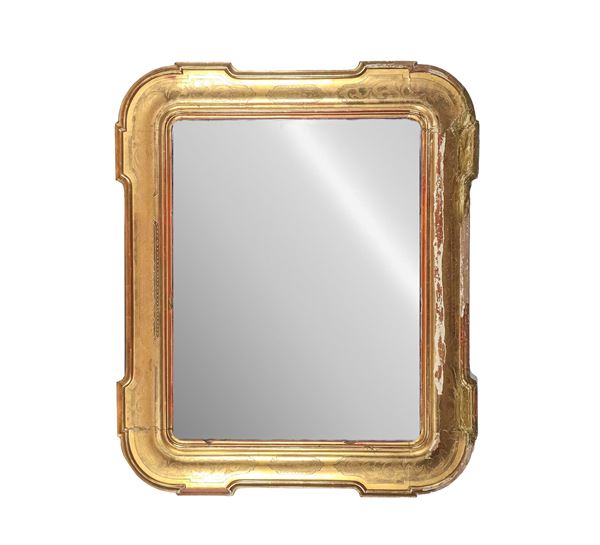 Ancient Neapolitan glove box mirror in gilded wood and graphite with scroll motifs