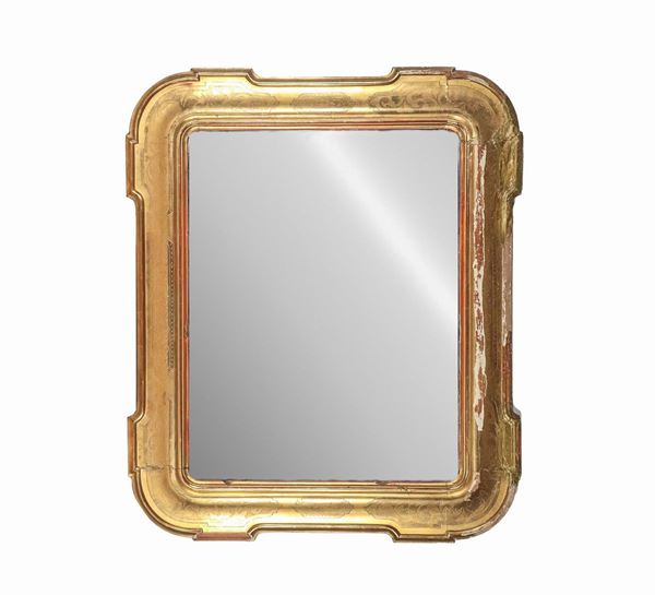 Ancient Neapolitan glove box mirror in gilded wood and graphite with scroll motifs