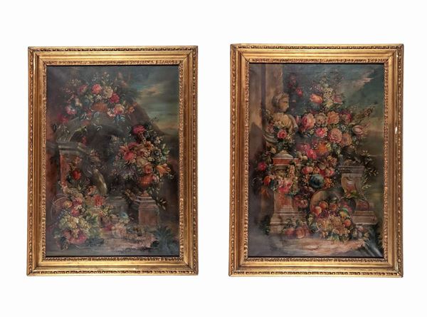 Scuola Italiana Fine XIX Secolo - "Nature morte con vasi di fiori e frutta", coppia di dipinti ad olio su tela