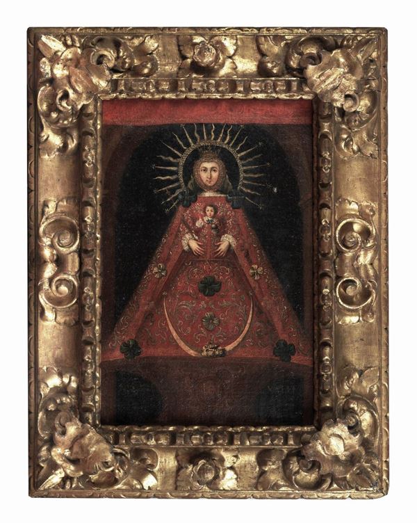 Pittore Spagnolo XIX Secolo - "Madonna con Bambino", dipinto ad olio su tela
