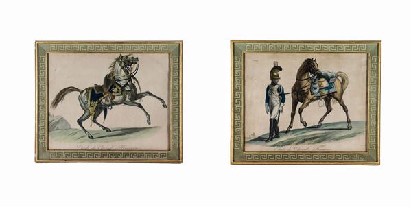 Coppia di antiche stampe francesi a colori "Cavalli e cavaliere"
