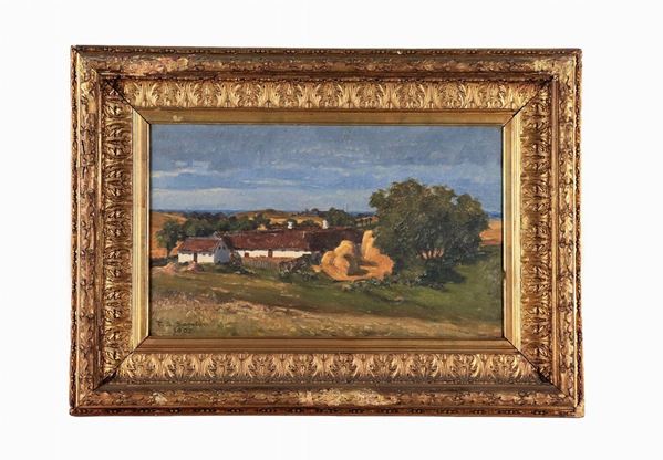 Pittore Europeo Fine XIX - Inizio XX Secolo - Firmato e datato 1900. "Paesaggio di campagna con case e alberi", dipinto ad olio su tela