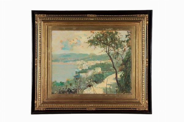 Francesco Cangiullo - Signed. 'View of the Sorrento Coast', oil painting on plywood