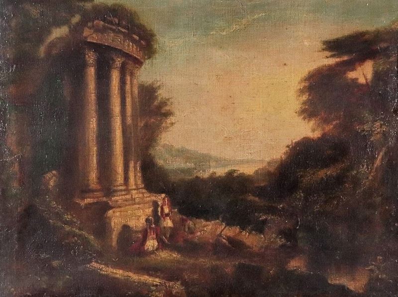 "Paesaggio con ruderi e contadinelle", dipinto ad olio su tela applicata a cartone