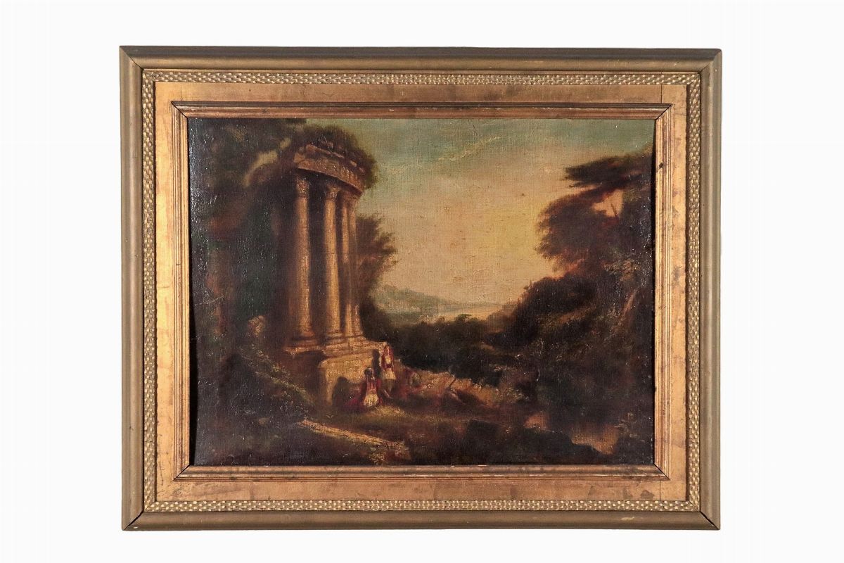 "Paesaggio con ruderi e contadinelle", dipinto ad olio su tela applicata a cartone