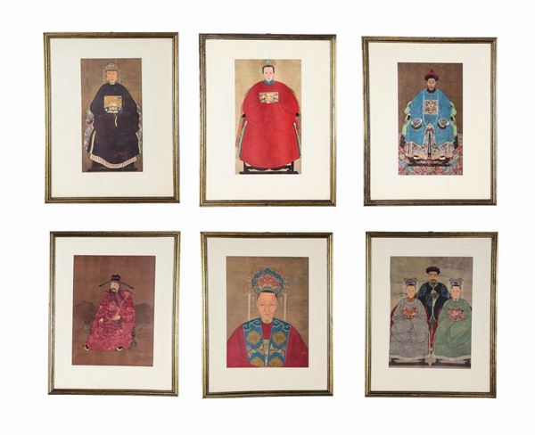 Lotto di sei stampe colorate cinesi "Dignitari"