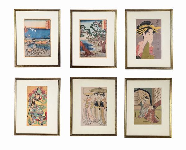 Lot of six Japanese colored prints "Geishas, Samurai and landscapes"