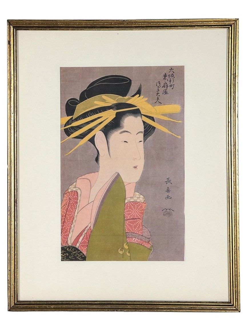 Lotto di sei stampe colorate giapponesi "Geishe, Samurai e paesaggi"