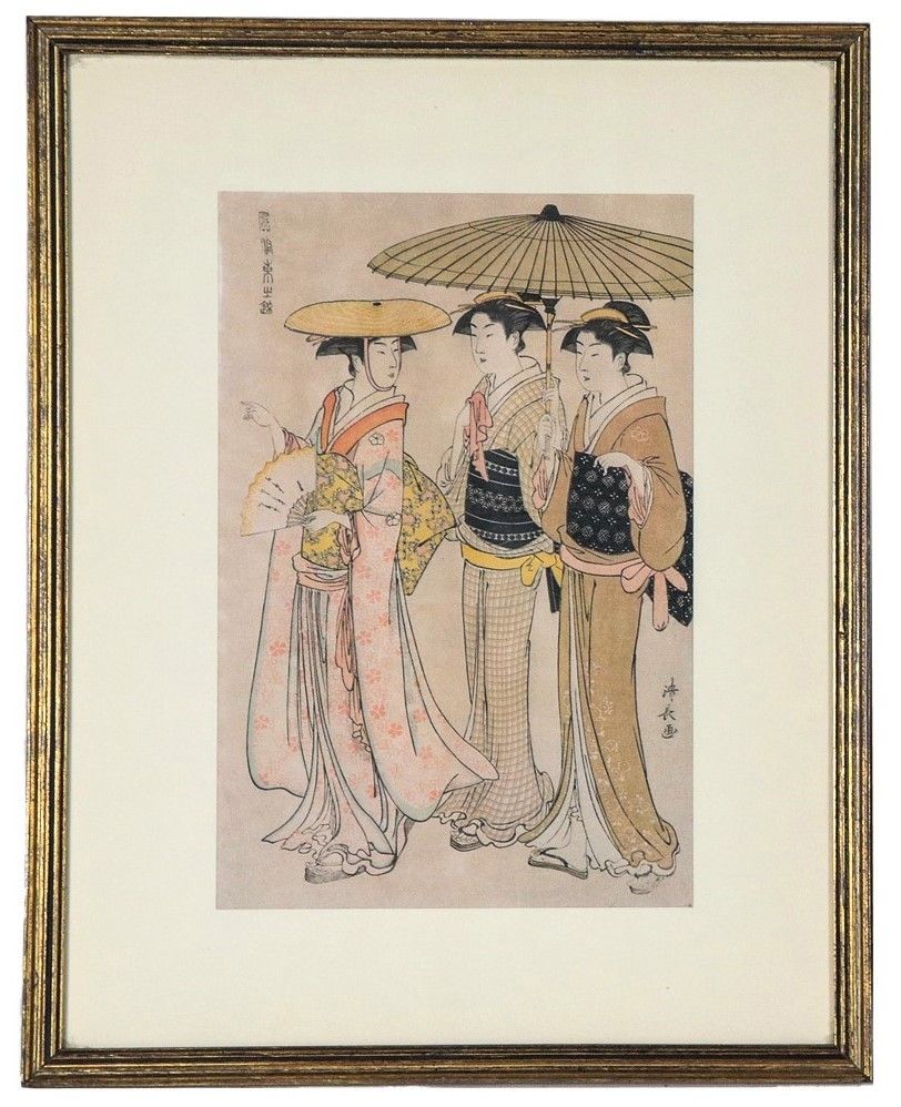 Lotto di sei stampe colorate giapponesi "Geishe, Samurai e paesaggi"